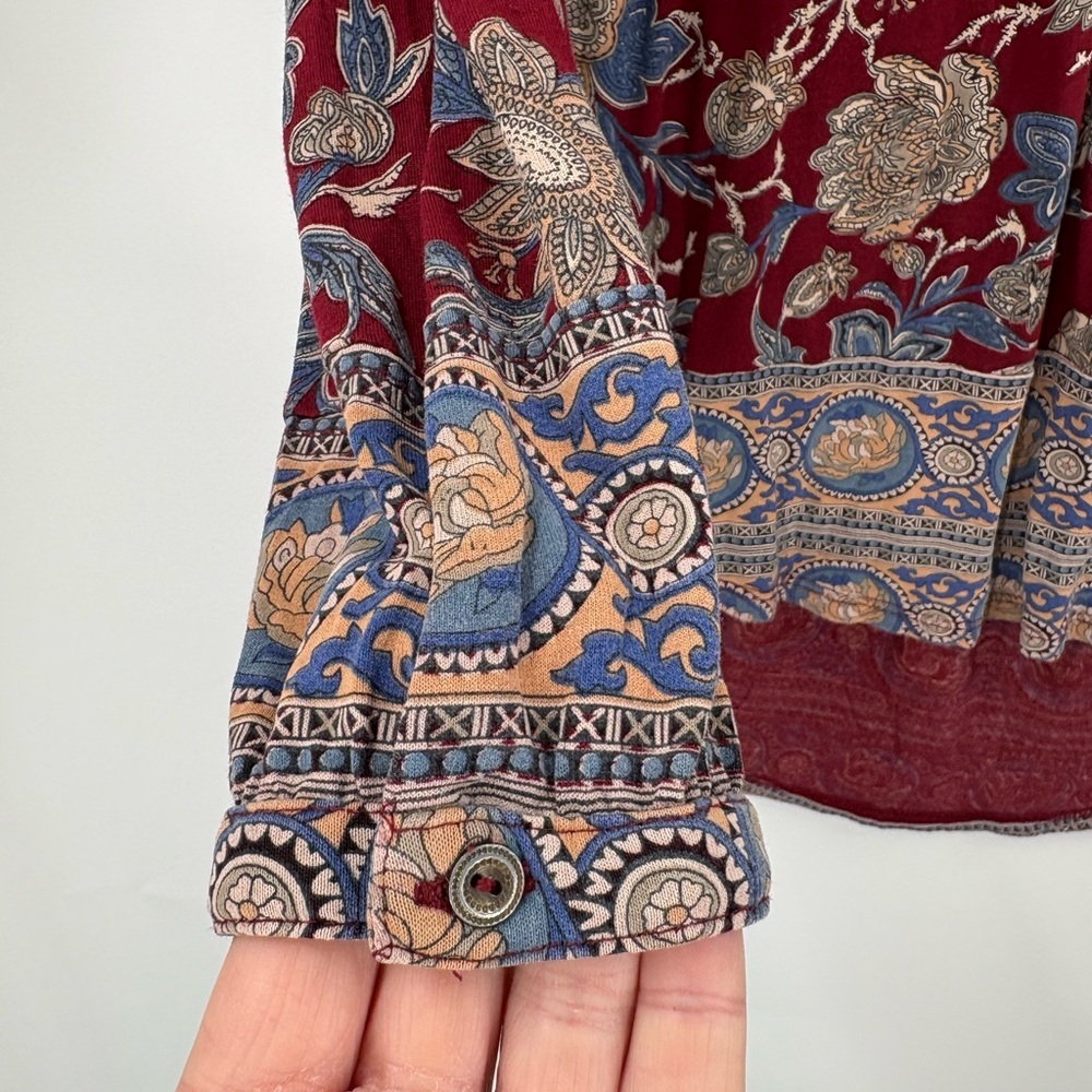 Lucky Brand Burgundy Boho Floral Paisley Peasant Henley Top | Small - Picture 6 of 8